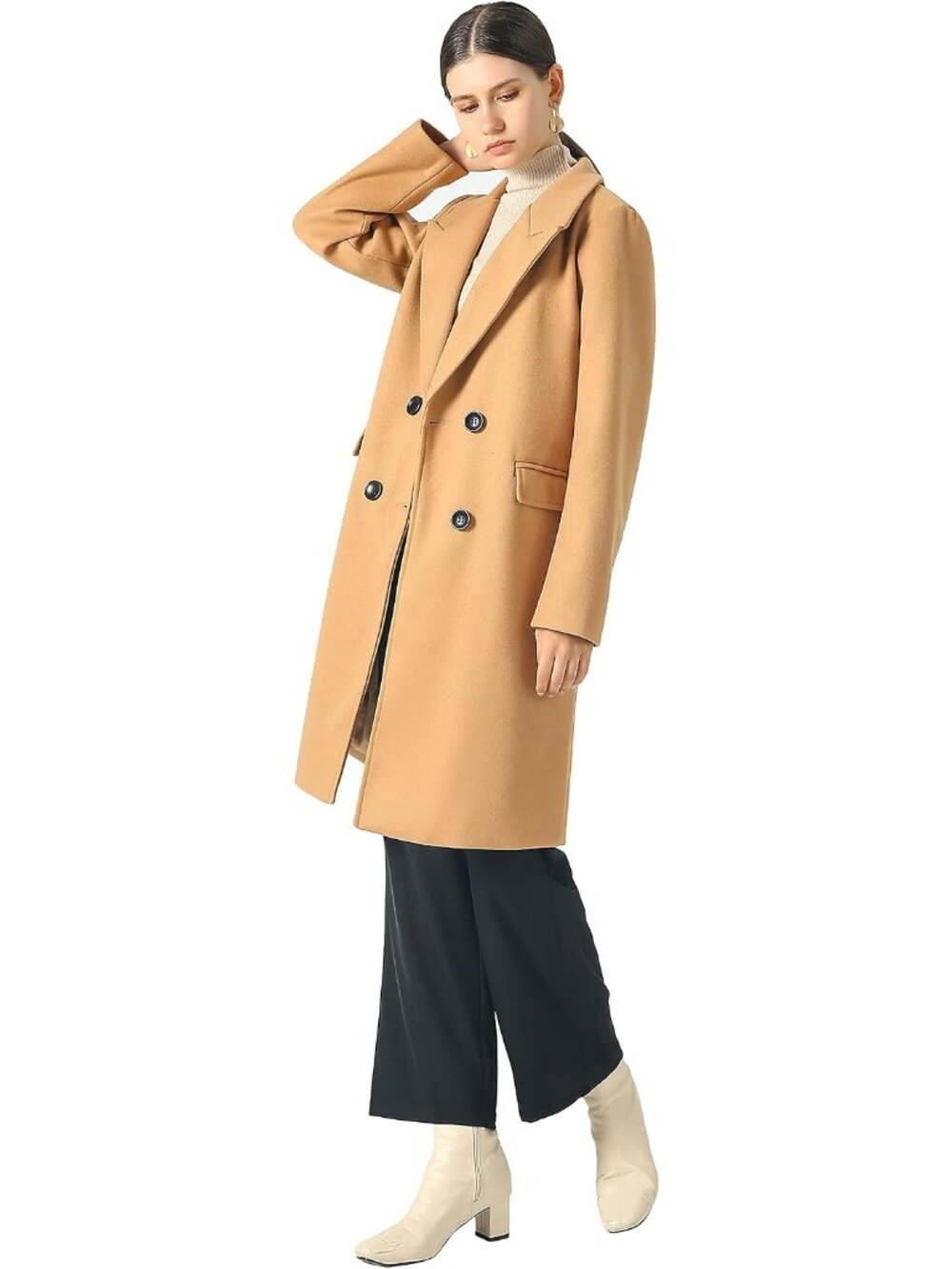 Women's Camel Double Breasted Winter Oversize Lapel Collar Woolen Pea Coat